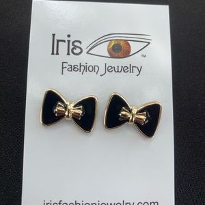Small black and gold bow earring with post.